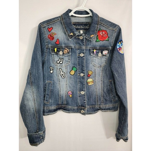 Jean Jacket Embellished Sequin Embroidered Patches Pins Button Up Women’s Sz S - Picture 2 of 12